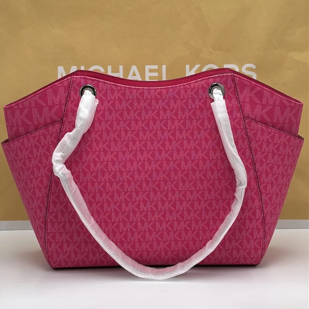 MICHAEL KORS  Jet Set Travel Large Signature Chain Shoulder Tote Bag Dragonfruit - Picture 7 of 14